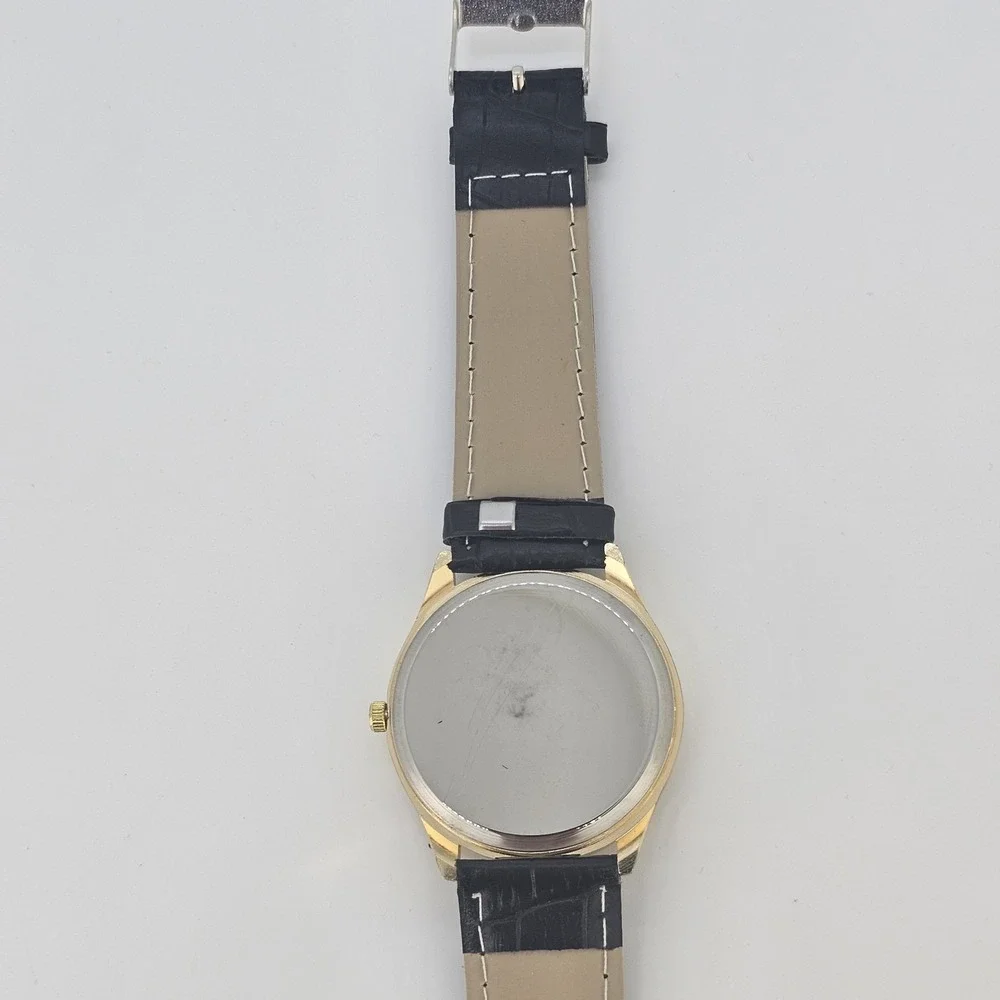 Men's Analog Watch 38MM Black Dial Black Faux Leather‎ Bands New Battery